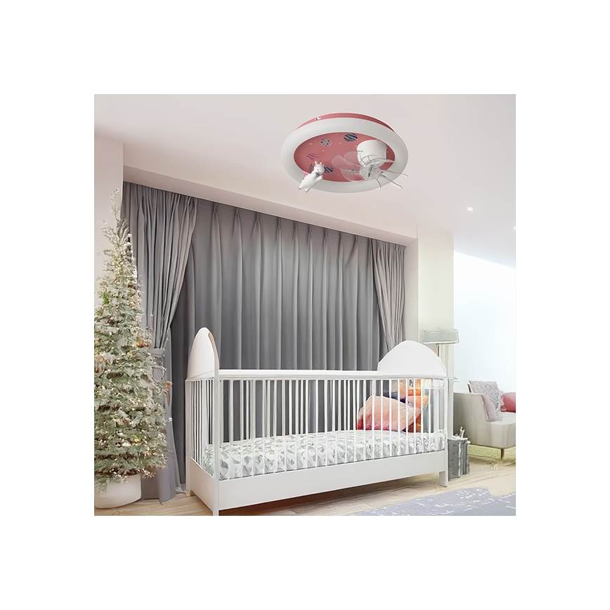 Candeeiro de teto LED infantil dimerizável com ventoinha, 48W, 230V, 3000/4000/6000K, Ø 50 cm, rosa + comando remoto