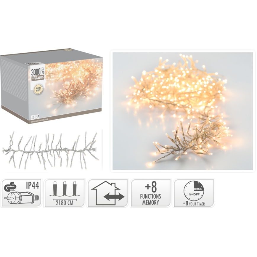 LED Cordão de luzes de Natal para exterior 3000xLED/230V/8 funções 24,8 m IP44 branco quente