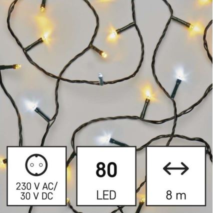 LED cordão de luzes de Natal para exterior 80xLED/2 funções 13m IP44 branco quente/frio