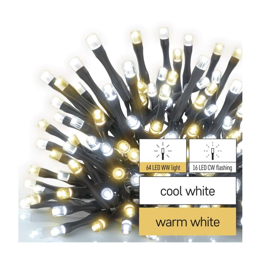 LED cordão de luzes de Natal para exterior 80xLED/2 funções 13m IP44 branco quente/frio