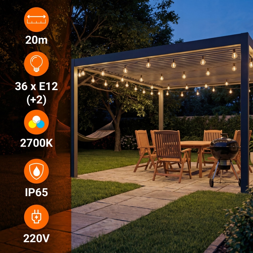 LED Cordão decorativo para exterior 36xE12/1W/230V 22,35 m IP65 preto