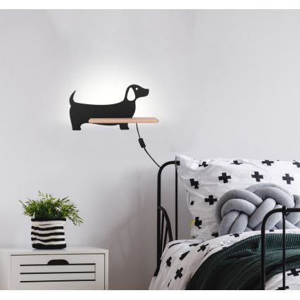Luminária de parede infantil LED com prateleira DOG LED/5W/230V preto/madeira,