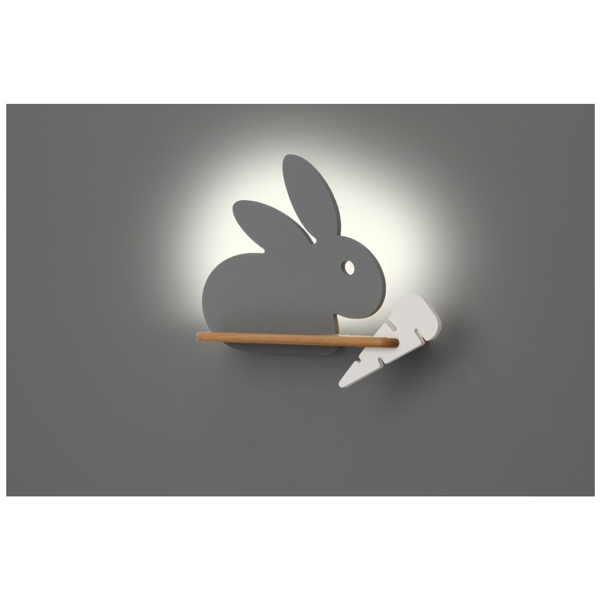 Luminária de parede infantil LED com prateleira RABBIT LED/4W/230V cinza/branco/madeira,
