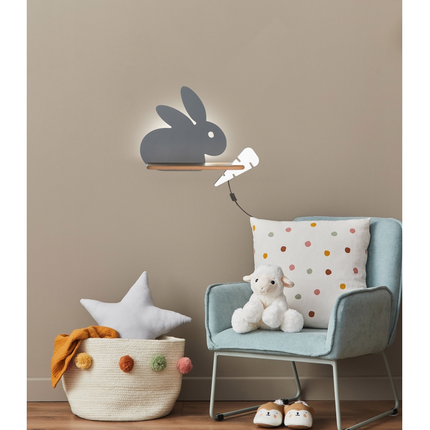 Luminária de parede infantil LED com prateleira RABBIT LED/4W/230V cinza/branco/madeira,