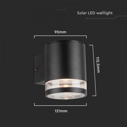 Luminária de parede solar LED para exterior LED/1W/3,7V 3000K IP54 1200 mAh preta