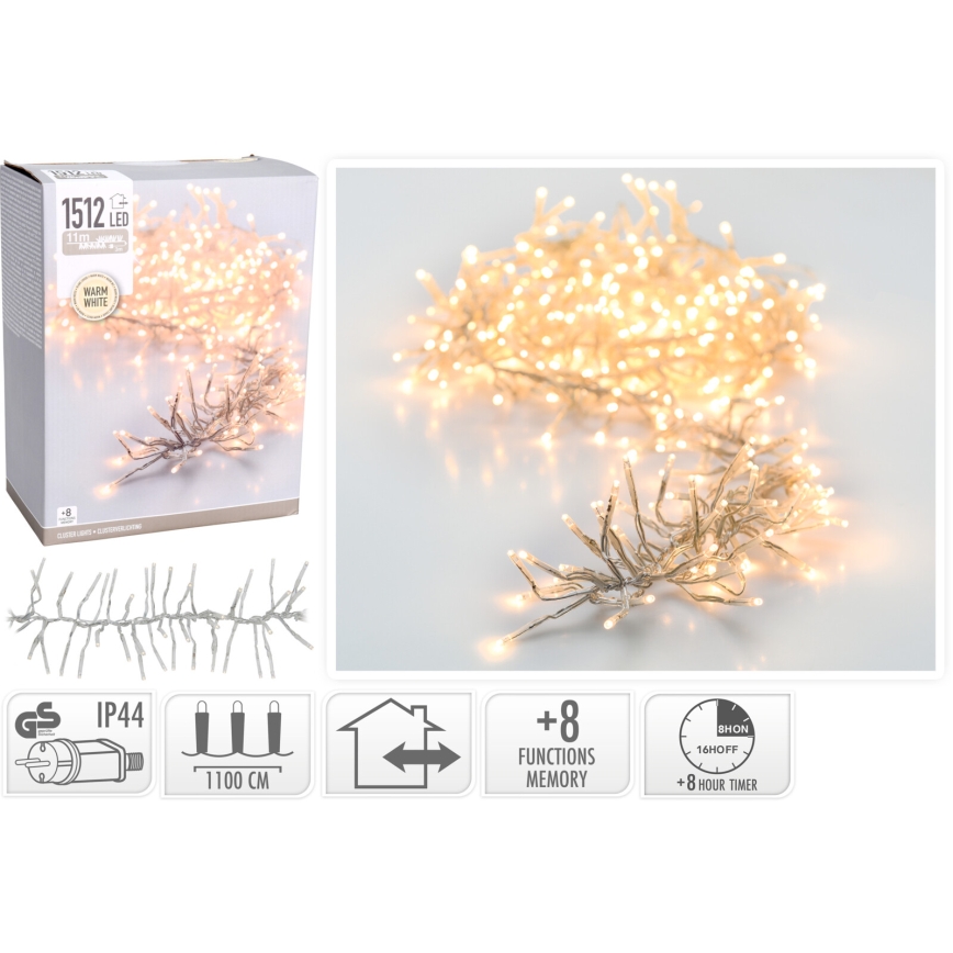 LED Luzes de Natal para exterior 1512xLED/230V/8 funções 14 m IP44 branco quente