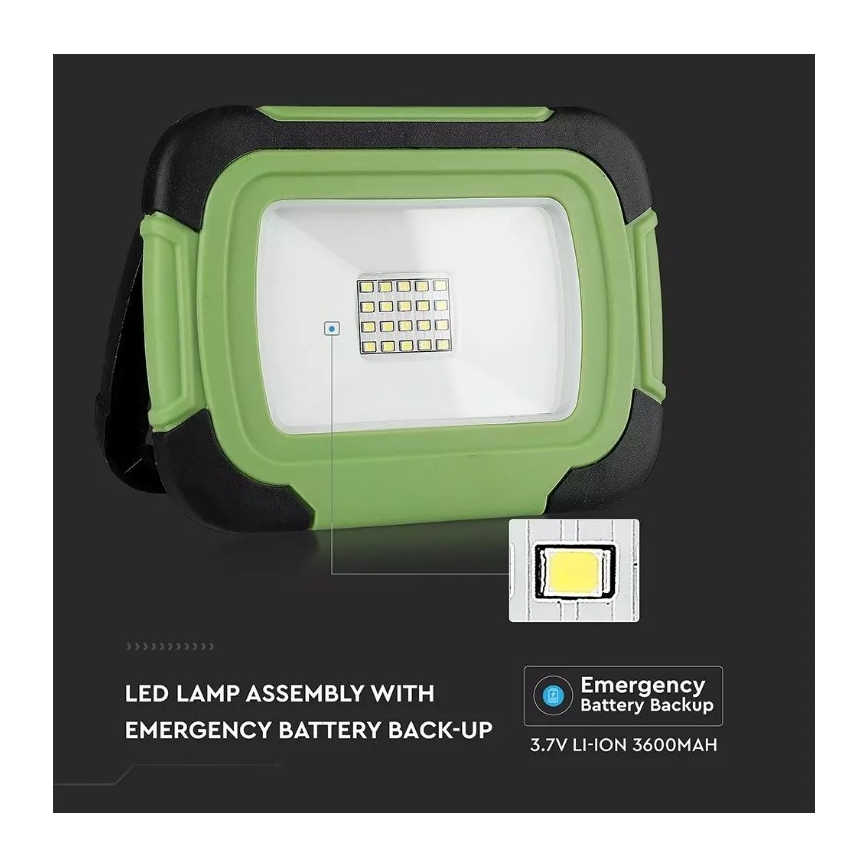 LED Regulação recarregável holofote SAMSUNG CHIP + função SOS LED/10W/3,7V/USB IP44 4000K 3600 mAh verde