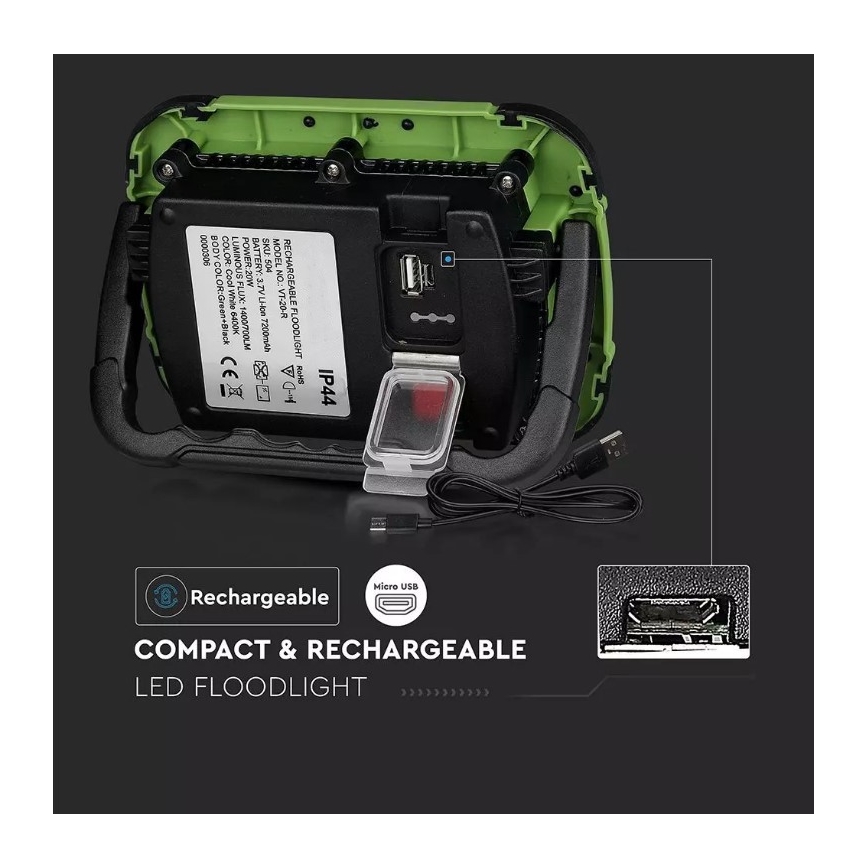 LED Regulação recarregável holofote SAMSUNG CHIP + função SOS LED/10W/3,7V/USB IP44 4000K 3600 mAh verde