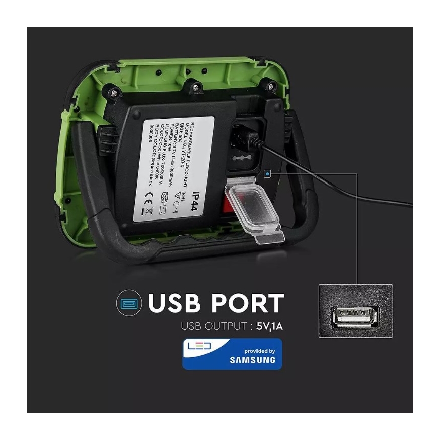 LED Regulação recarregável holofote SAMSUNG CHIP + função SOS LED/10W/3,7V/USB IP44 4000K 3600 mAh verde