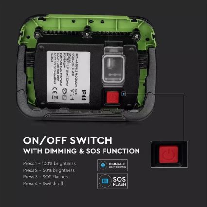 LED Regulação recarregável holofote SAMSUNG CHIP + função SOS LED/10W/3,7V/USB IP44 4000K 3600 mAh verde