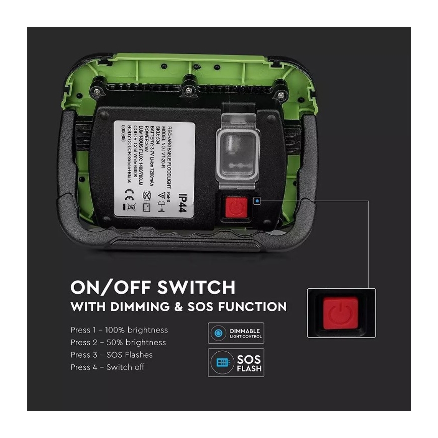 LED Regulação recarregável holofote SAMSUNG CHIP + função SOS LED/10W/3,7V/USB IP44 4000K 3600 mAh verde