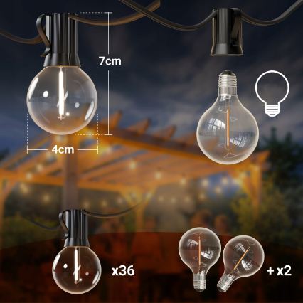 Cordão decorativo LED regulável para exterior 36xE12/1W/24/230V 22,35 m IP65 preto + comando remoto