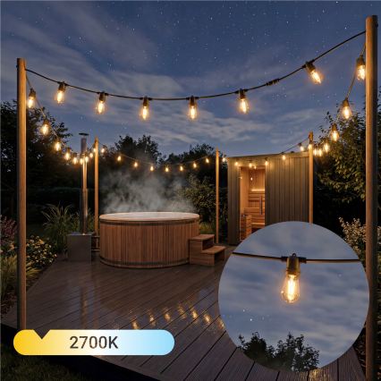 Cordão decorativo solar LED regulável 20xE27/0,3W/3/5V USB 2400 mAh 20,62 m IP65 preto + controlo remoto