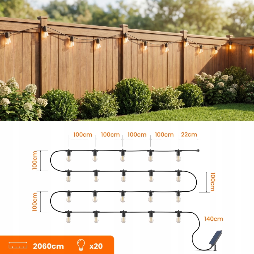 Cordão decorativo solar LED regulável 20xE27/0,3W/3/5V USB 2400 mAh 20,62 m IP65 preto + controlo remoto