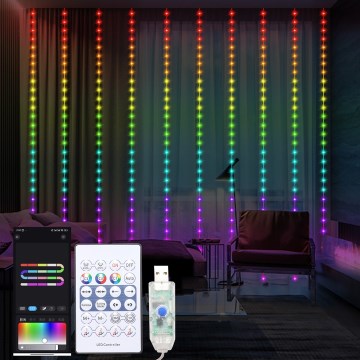 LED RGB Cortina de Natal dimerizável WIZARD 300xLED/USB 3x3m + controlo remoto
