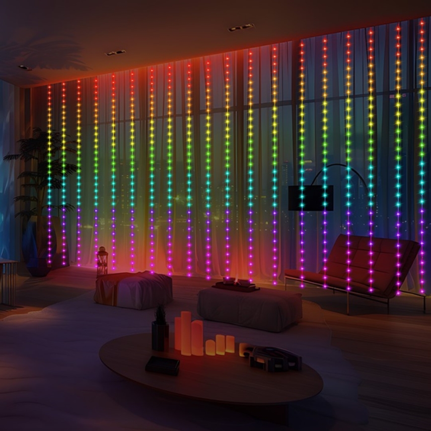 LED RGB Cortina de Natal dimerizável WIZARD 300xLED/USB 3x3m + controlo remoto
