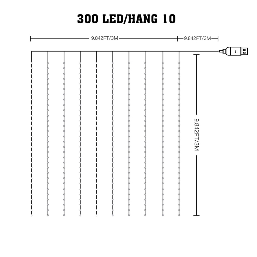 LED RGB Cortina de Natal dimerizável WIZARD 300xLED/USB 3x3m + controlo remoto