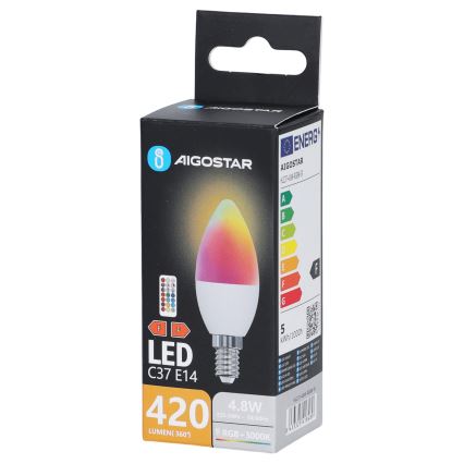 Lâmpada LED RGBW C37 E14, 4,8 W, 230 V, 3000 K, com comando remoto - Aigostar