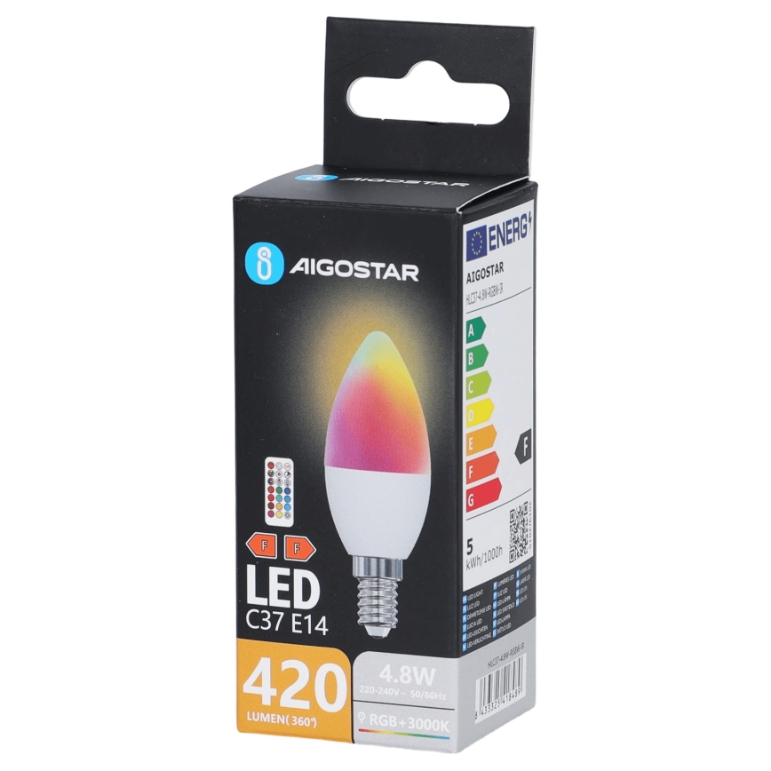 Lâmpada LED RGBW C37 E14, 4,8 W, 230 V, 3000 K, com comando remoto - Aigostar