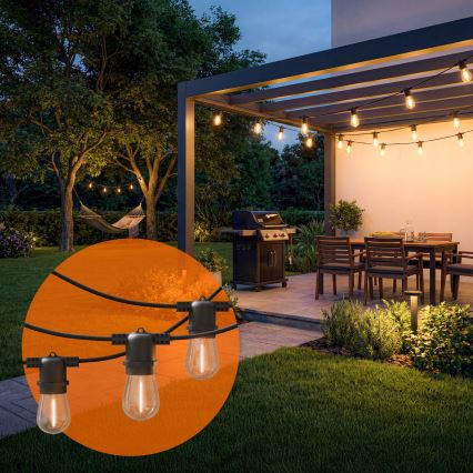 Cordão decorativo solar LED regulável 10xE27/0,3W/3/5V USB 2400 mAh 10,62 m IP65 preto + controlo remoto