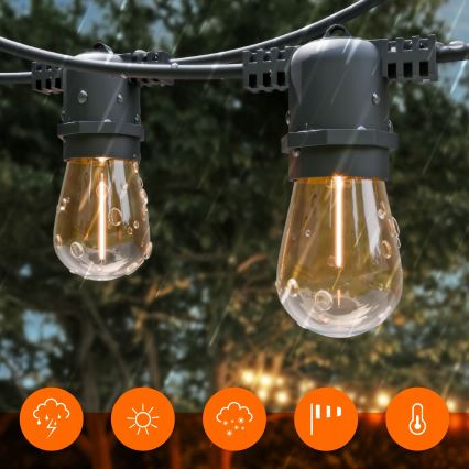 Cordão decorativo solar LED regulável 10xE27/0,3W/3/5V USB 2400 mAh 10,62 m IP65 preto + controlo remoto
