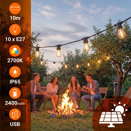Cordão decorativo solar LED regulável 10xE27/0,3W/3/5V USB 2400 mAh 10,62 m IP65 preto + controlo remoto