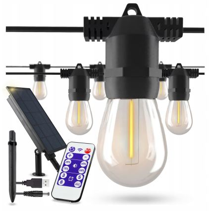 Cordão decorativo solar LED regulável 10xE27/0,3W/3/5V USB 2400 mAh 10,62 m IP65 preto + controlo remoto