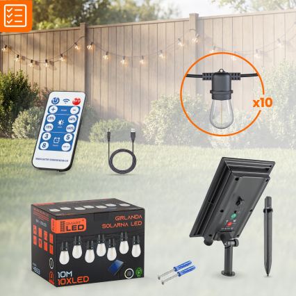 Cordão decorativo solar LED regulável 10xE27/0,3W/3/5V USB 2400 mAh 10,62 m IP65 preto + controlo remoto