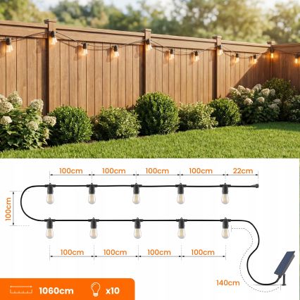 Cordão decorativo solar LED regulável 10xE27/0,3W/3/5V USB 2400 mAh 10,62 m IP65 preto + controlo remoto