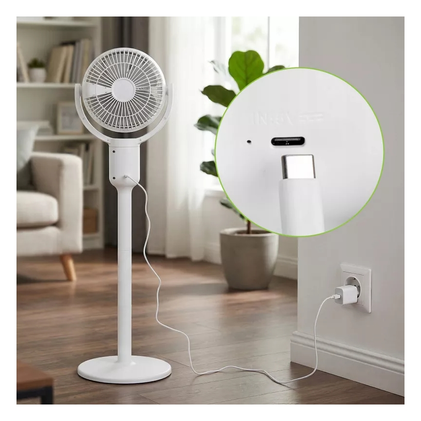 LED Ventilador de pé recarregável com iluminação LED LED/4,8W/5V USB 7200 mAh branco + controlo remoto