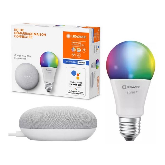 Ledvance - Altifalante inteligente Google Nest Mini + Lâmpada LED RGBW com regulação SMART+E27/10W/230V