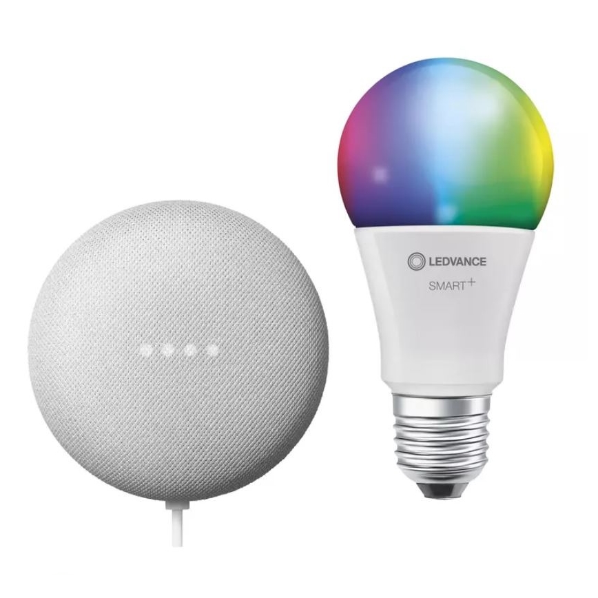 Ledvance - Altifalante inteligente Google Nest Mini + Lâmpada LED RGBW com regulação SMART+E27/10W/230V