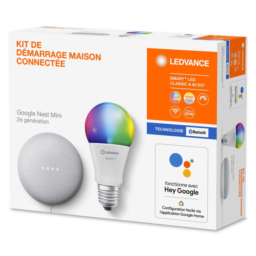 Ledvance - Altifalante inteligente Google Nest Mini + Lâmpada LED RGBW com regulação SMART+E27/10W/230V