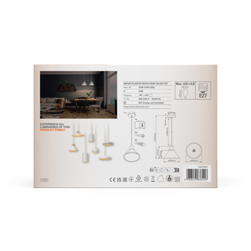 Ledvance - Candeeiro suspenso DECOR PLASTER 1xE27/25W/230V diâmetro 22 cm gesso branco