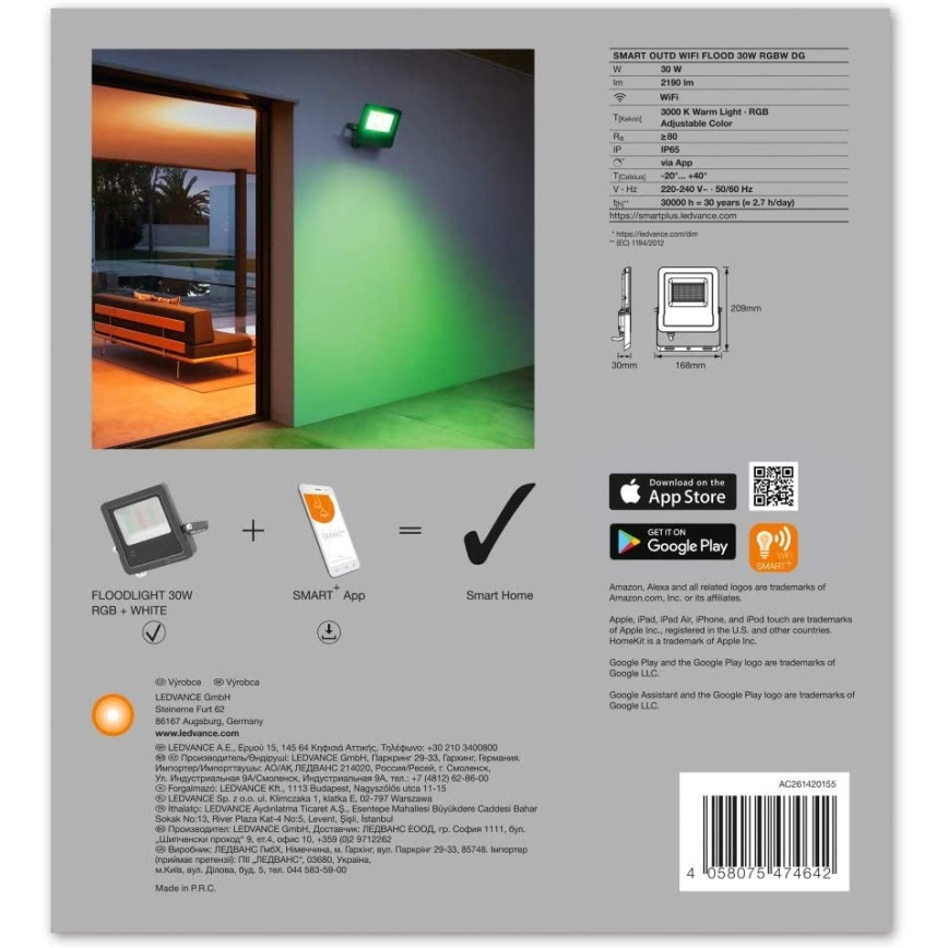 Ledvance - Holofote LED RGBW SMART+ FLOOD LED/30W/230V IP65 Wi-Fi