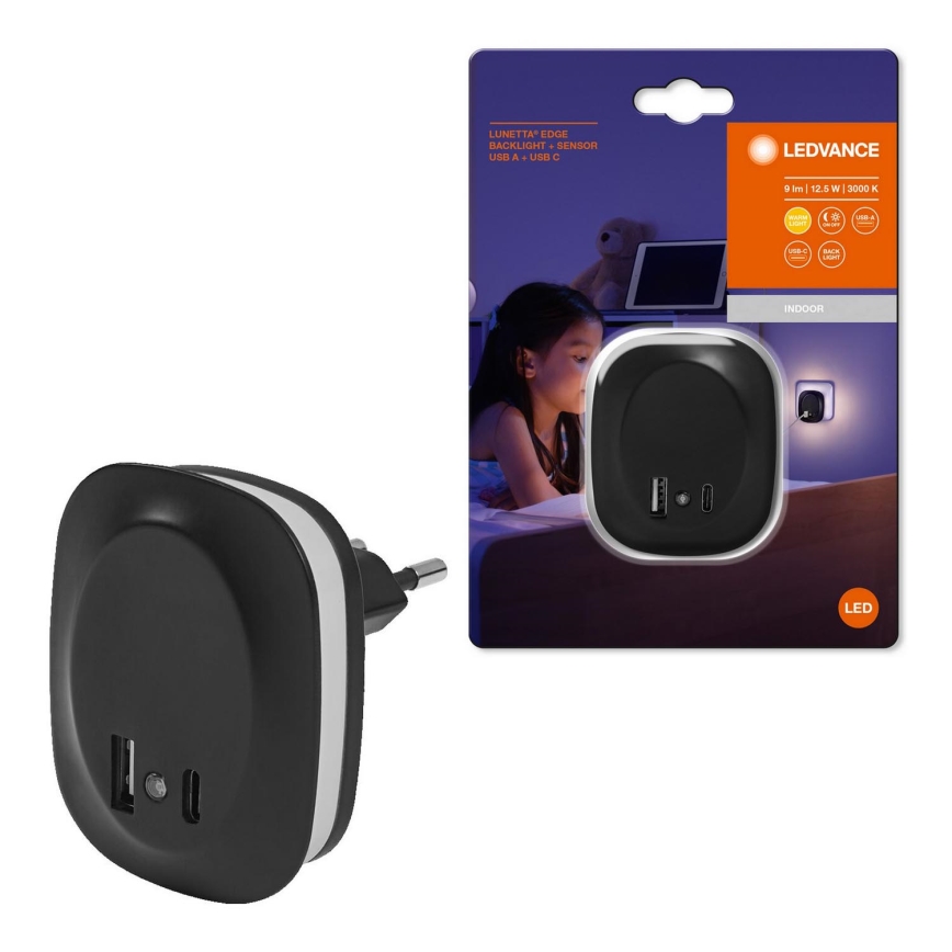 Ledvance - Iluminação noturna de tomada LED com sensor e USB LUNETTA LED/12,5W/230V 3000K preto