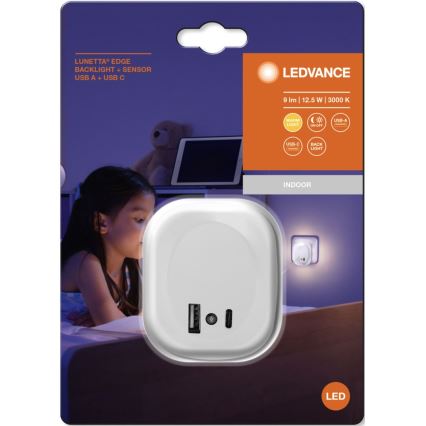 Ledvance - Iluminação noturna de tomada LED com sensor e USB LUNETTA LED/12,5W/230V 3000K branco