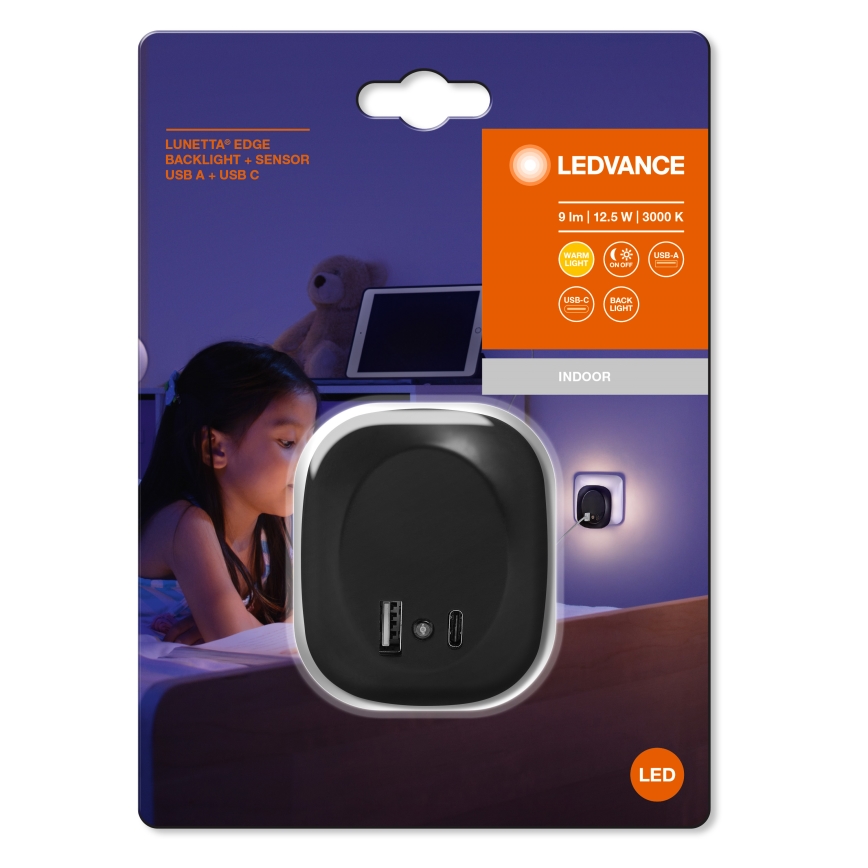 Ledvance - Iluminação noturna de tomada LED com sensor e USB LUNETTA LED/12,5W/230V 3000K preto