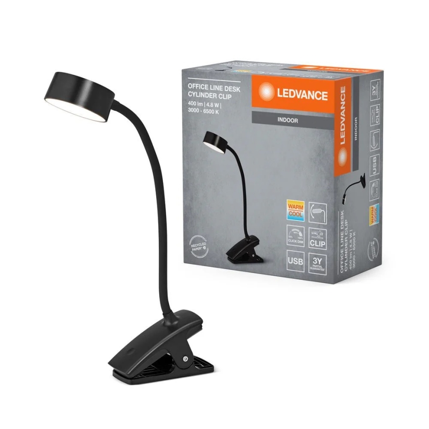 Ledvance - Candeeiro de mesa LED tátil dimável com clipe CYLINDER LED/4,8W/5V 3000-6500K preto