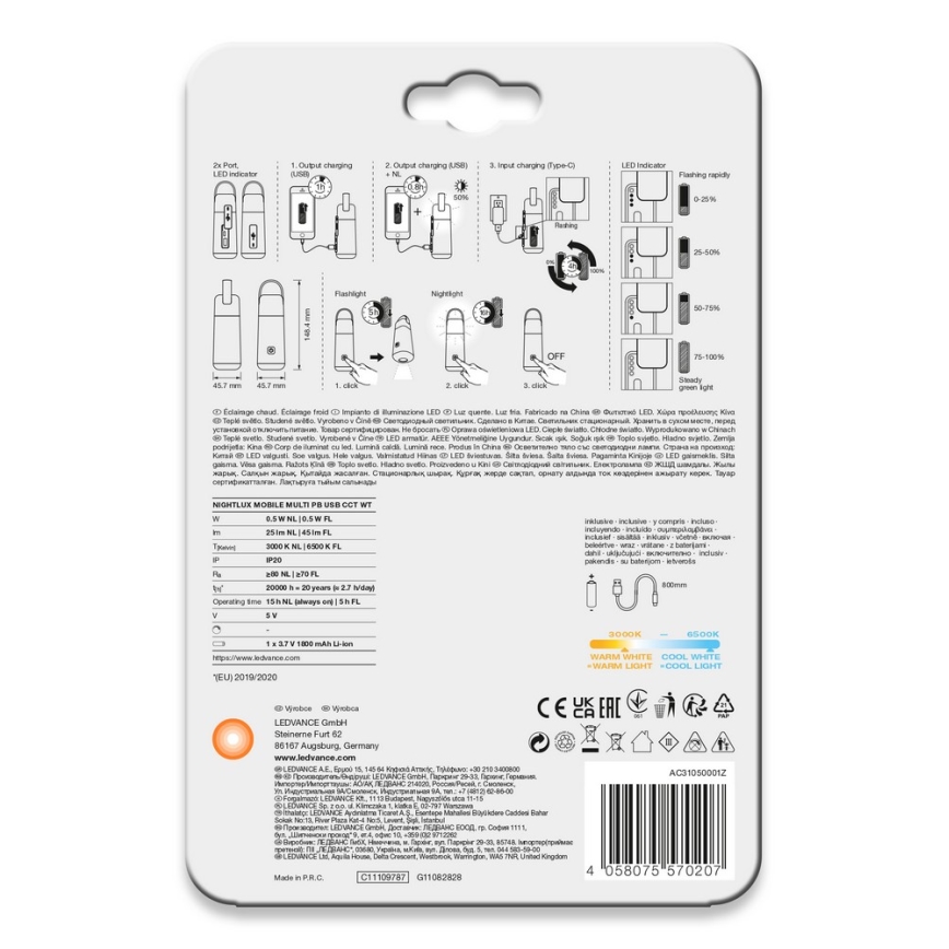 Ledvance - Power bank LED com função de lanterna MOBILE LED/0,5W/5V 1800mAh 2xUSB