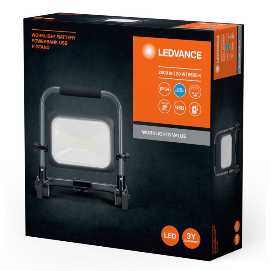 Ledvance - Refletor exterior recarregável LED regulável WORKLIGHT BATTERY LED/20W/5V 2200 mAh IP54