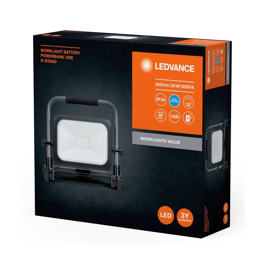 Ledvance - Projetor recarregável LED para exterior com dimmer WORKLIGHT BATTERY LED/30W/5V 2200 mAh IP54