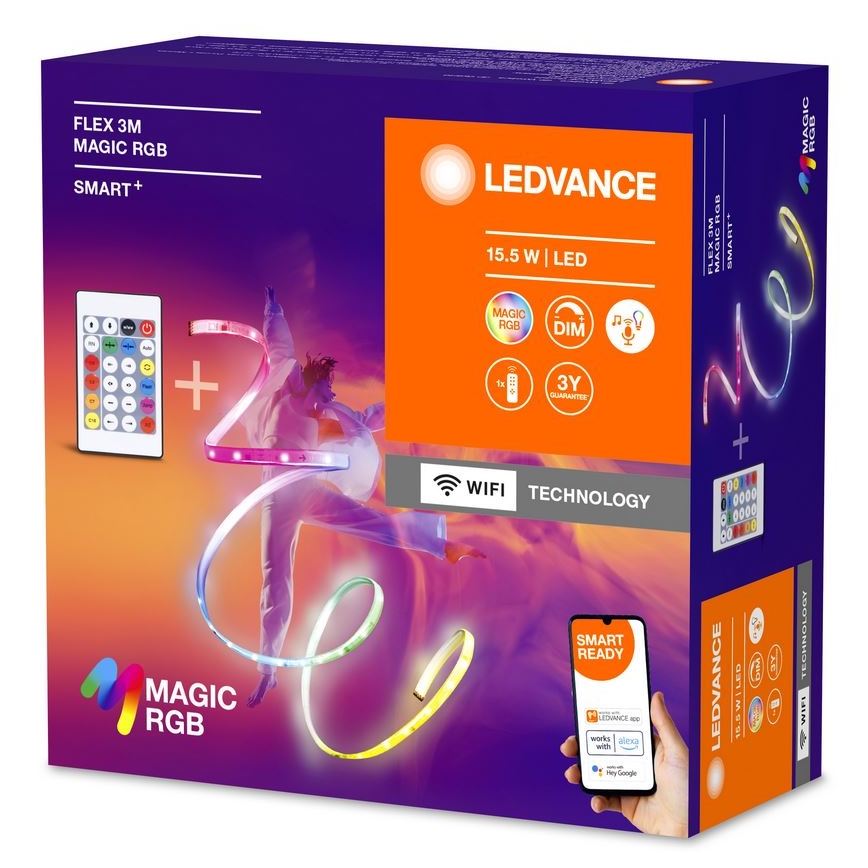 Ledvance- Tira LED RGB com regulação SMART+ MAGIC FLEX 3m LED/15,5W/230V Wi-Fi + comando
