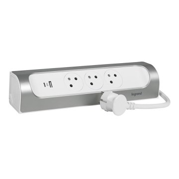Legrand 049406 - Cabo de extensão 3 tomadas Tipo E + USB-A + USB-C 1m prateado/branco