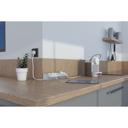 Legrand 049406 - Cabo de extensão 3 tomadas Tipo E + USB-A + USB-C 1m prateado/branco