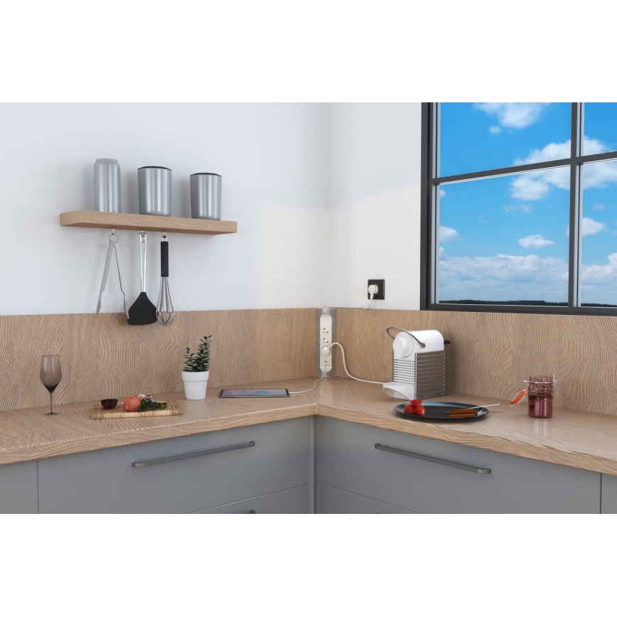 Legrand 049406 - Cabo de extensão 3 tomadas Tipo E + USB-A + USB-C 1m prateado/branco