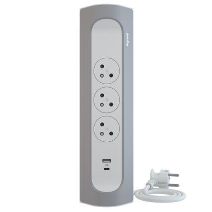 Legrand 049406 - Cabo de extensão 3 tomadas Tipo E + USB-A + USB-C 1m prateado/branco