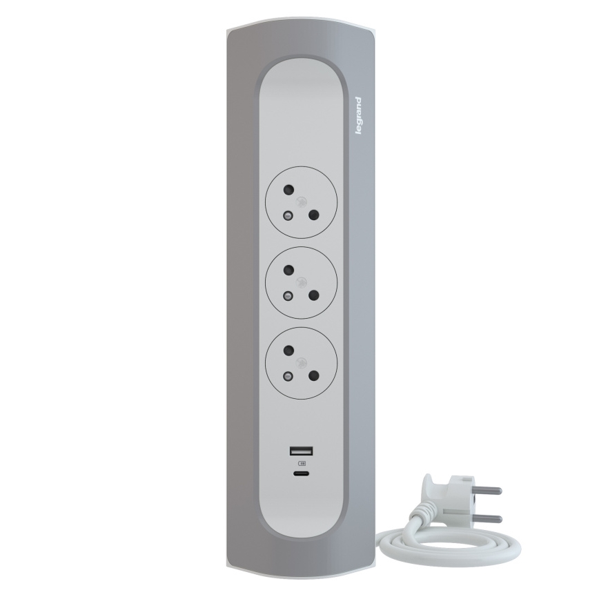 Legrand 049406 - Cabo de extensão 3 tomadas Tipo E + USB-A + USB-C 1m prateado/branco