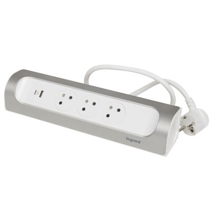 Legrand 049406 - Cabo de extensão 3 tomadas Tipo E + USB-A + USB-C 1m prateado/branco