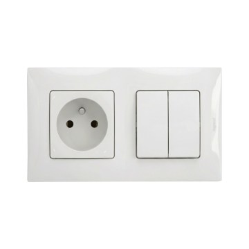 Legrand - Interruptor duplo em série n.º 5 e tomada doméstica com moldura NILOE 250V branca